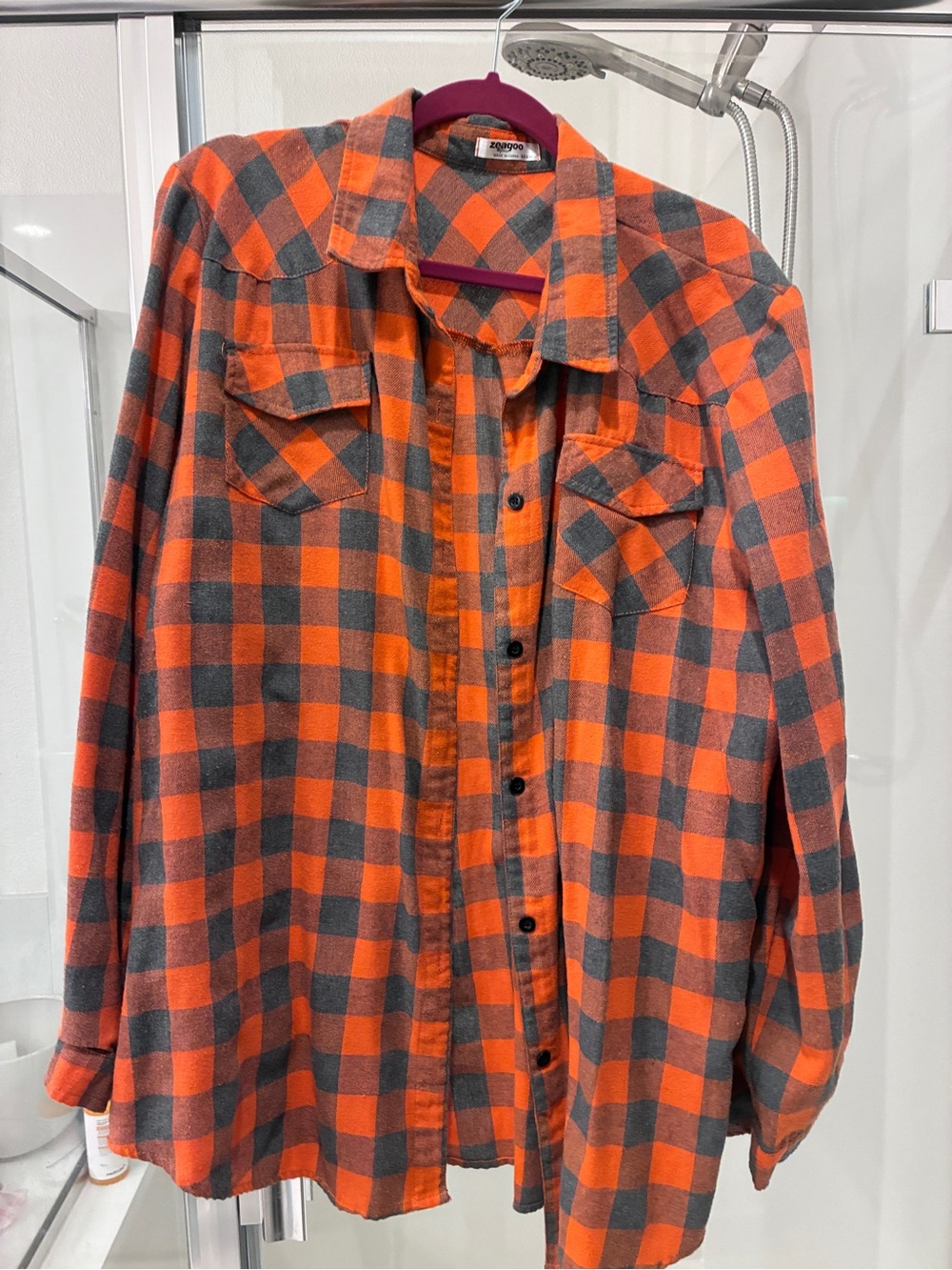 Orange and Gray Plaid Flannel Shirt